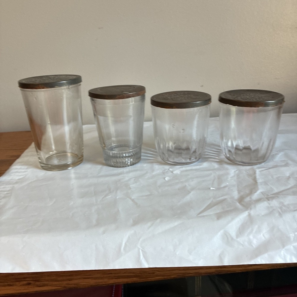 Vintage Jelly Jars Lot Of 4  With Lids 3 Ball Jars, 1 Unknown Clear Glass